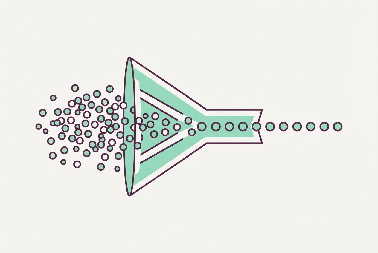 Filter diagram where many dots pass a gate and fewer clean dots come out