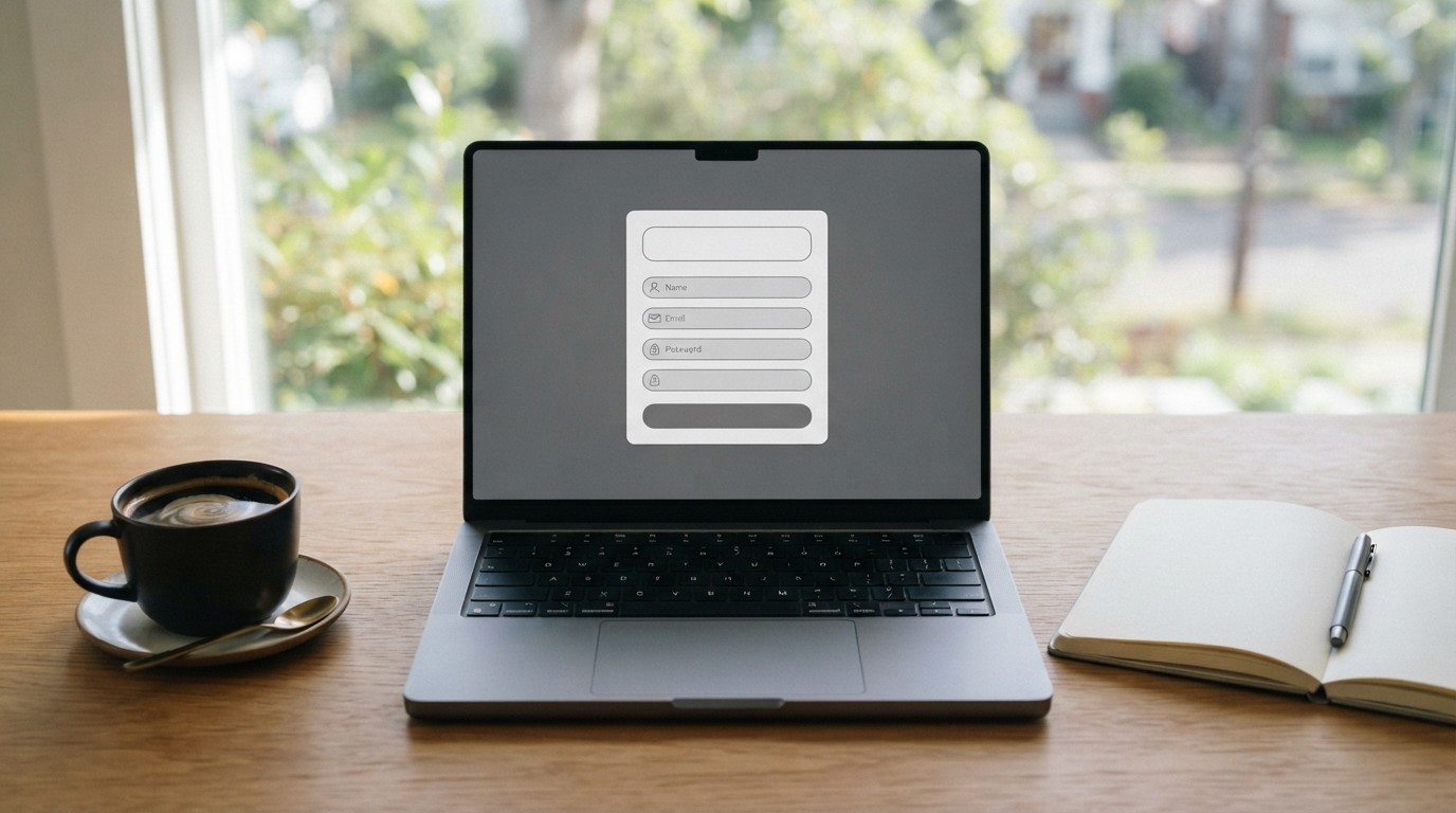 Laptop on a desk showing an abstract sign-up form wireframe beside a cup of coffee