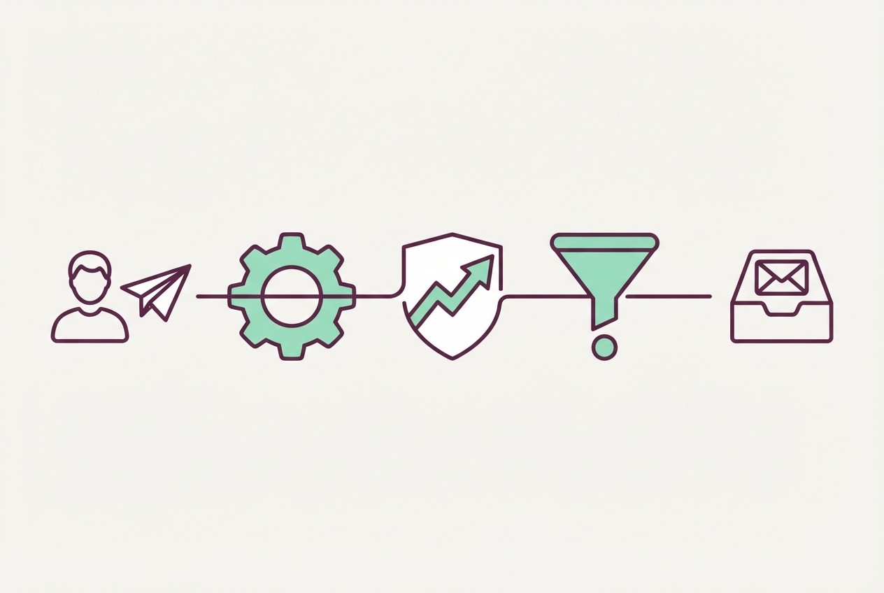 Three linked key shapes connecting a sender to an inbox