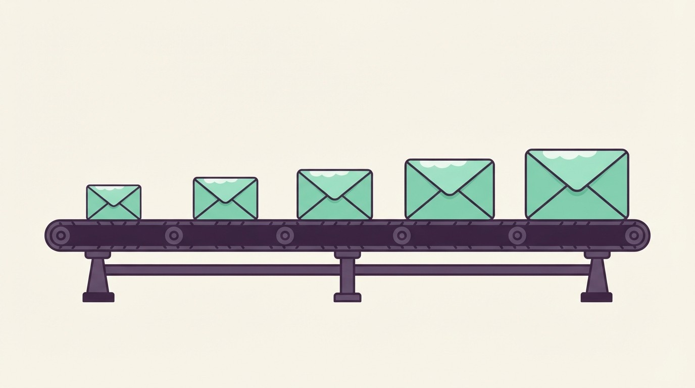 Five envelope shapes of increasing size on a horizontal conveyor