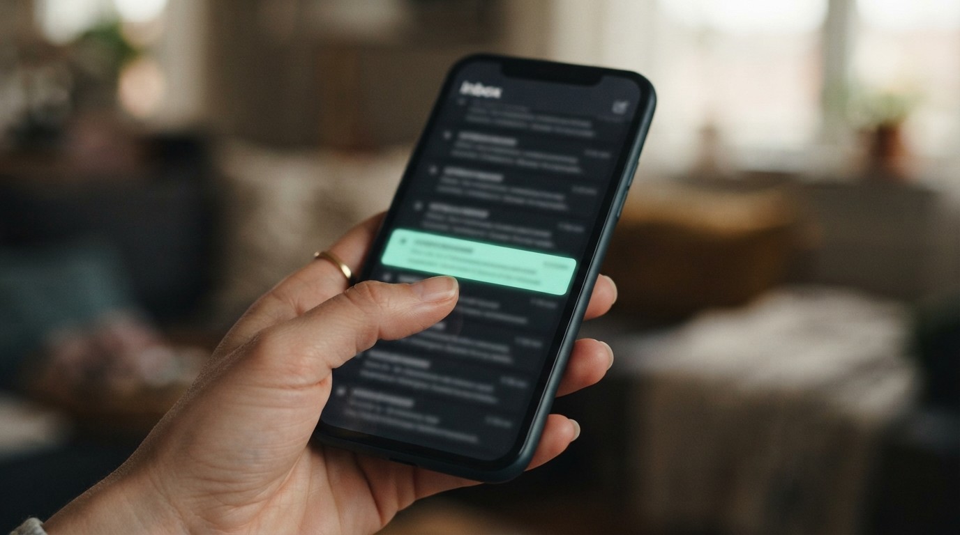 Hand holding a smartphone showing an inbox of grey rows with one highlighted