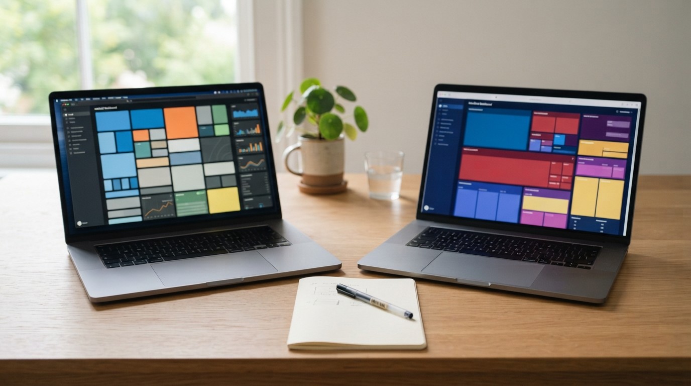 Two laptops side by side showing different abstract dashboard layouts